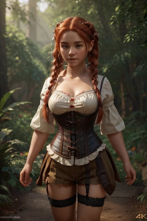 a small gnome girl with bright red hair in braids, wearing a corset and a white shirt, highly detailed, masterpiece, (best quality,4k,8k,highres,masterpiece:1.2),ultra-detailed,(realistic,photorealistic,photo-realistic:1.37),fantasy,intricate details,magical,whimsical,warm colors,soft lighting