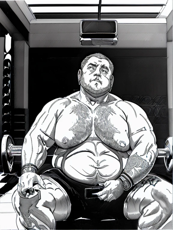 Somente plump rechonchudo coxas extremamente grossas barriga avantajada gordo gay daddy, (((1man training sitting in the gym he is sitting doing Selfie with 1 cell phone in his right hand, old daddy Chubby, plump rechonchudo coxas extremamente grossas barriga avantajada gordo, sitting on a bench in a gym, em uma academia, obeso appearance, plump,He's chubby, ele tem cerca de 58 anos de idade, ele tem cerca de 58 anos, coxas grandes, malhar, Gold neckband earphones, watch bracelet full body tattoos , he is facing the viewer, ((view from below)), fotografia de Corpo completo imagem de corpo completo, Dynamic photography. Fotografia mostrando todo o corpo do modelo. Somente plump rechonchudo coxas extremamente grossas barriga avantajada gordo grisalho. Mostrando o penis ao expectador