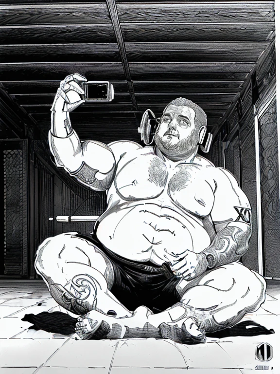 Somente plump rechonchudo coxas extremamente grossas barriga avantajada gordo gay daddy, (((1man training sitting in the gym he is sitting doing Selfie with 1 cell phone in his right hand, old daddy Chubby, plump rechonchudo coxas extremamente grossas barriga avantajada gordo, sitting on a bench in a gym, em uma academia, obeso appearance, plump,He's chubby, ele tem cerca de 58 anos de idade, ele tem cerca de 58 anos, coxas grandes, malhar, Gold neckband earphones, watch bracelet full body tattoos , he is facing the viewer, ((view from below)), fotografia de Corpo completo imagem de corpo completo, Dynamic photography. Fotografia mostrando todo o corpo do modelo. Somente plump rechonchudo coxas extremamente grossas barriga avantajada gordo grisalho. Mostrando o penis ao expectador