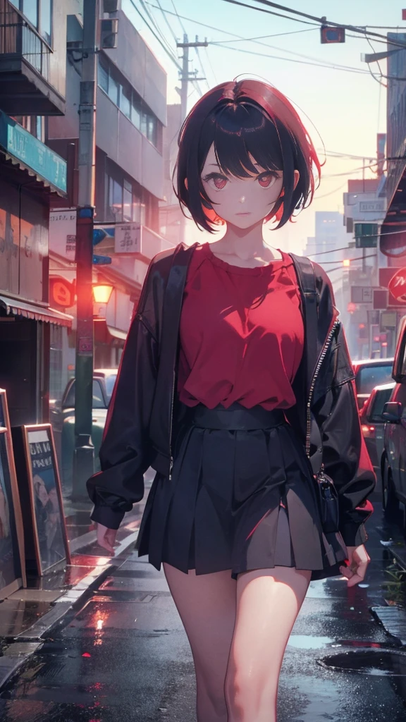 girl with short bob hair,Red eyes ,Walking in Heaven,A distant view
