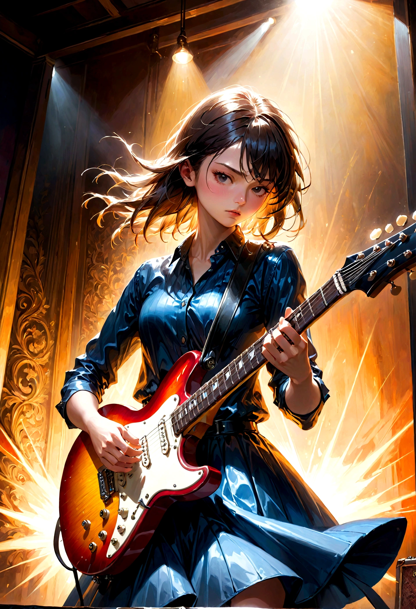 1girl, Guitarist, a guitarist playing an electric guitar, detailed facial features, intricate guitar details, dramatic lighting, moody atmosphere, cinematic composition, oil painting, vibrant colors, dramatic shadows, skilled musician, intense expression, dynamic pose, studio setting, professional quality, masterpiece, best quality, very aesthetic, absurdres