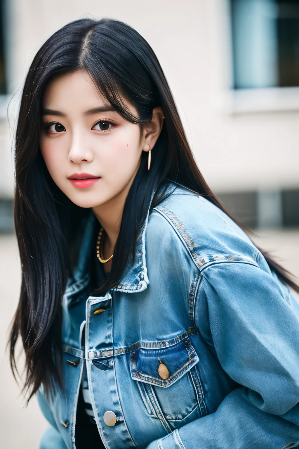 araffe woman with long black hair wearing a denim jacket, portrait of female korean idol, portrait of jossi of blackpink, shot on canon eos r5, shot on canon eos r 5, wan adorable korean face, shot on nikon z9, jinyoung shin, captured on canon eos r 6, taken with canon eos 5 d mark iv