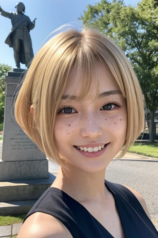Japanese,beautiful girl,Natural Shape,Bob Hair,Side hair is blonde,The front hair is even,During a walk,Natural light,has freckles,Intricate details,Realistic,Commemorative photo taken in front of the monument,Toothy smile