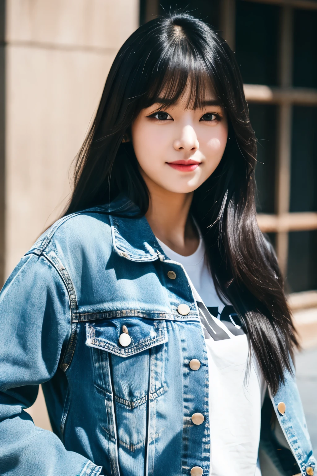 araffe woman with long black hair wearing a denim jacket, portrait of female korean idol, portrait of jossi of blackpink, shot on canon eos r5, shot on canon eos r 5, wan adorable korean face, shot on nikon z9, jinyoung shin, captured on canon eos r 6, taken with canon eos 5 d mark iv