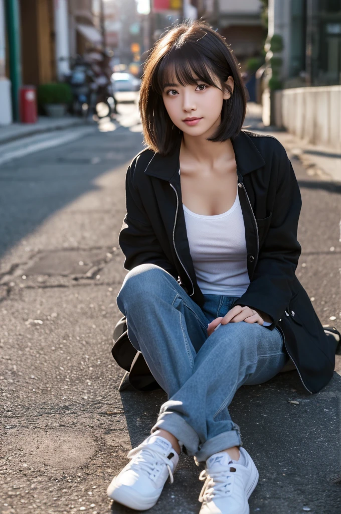 (high resolution、high quality、High resolution、detailed、8k、masterpiece）、超A high resolution、(Photorealistic:1.3)、RAW Photos、1 girl、A boyish girl with short hair and a bewitching charm、Black jacket、Bell-bottom pants、Sitting on the street、(A dim city at dawn)、((Amazingly cute))、wild、sexy、Healthy Body、２２age、((Ultra-Realistic Details))、Portrait、Global Illumination、Shadow、Octane Rendering、8k、Super sharp、Beautiful breasts、Beautiful Eyes、非常に複雑なdetailed、Realistic Light、CGSoation Trend、ネオンのdetailed、The light is gentle、wide shot、full body、It feels like you&#39;re really there、Dignified、Black Japanese rope、Hidden Past、Bright red lipstick