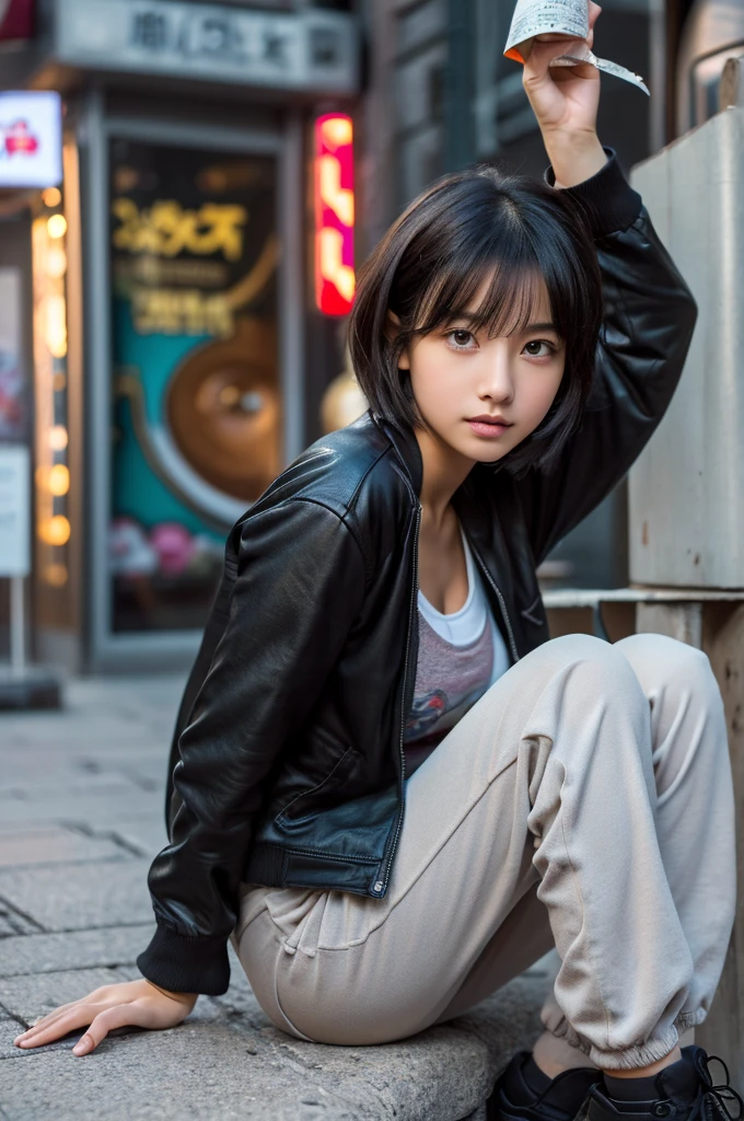 (high resolution、high quality、High resolution、detailed、8k、masterpiece）、超A high resolution、(Photorealistic:1.3)、RAW Photos、1 girl、A boyish girl with short hair and a bewitching charm、Black jacket、Bell-bottom pants、Sitting on the street、(A dim city at dawn)、((Amazingly cute))、wild、sexy、Healthy Body、２２age、((Ultra-Realistic Details))、Portrait、Global Illumination、Shadow、Octane Rendering、8k、Super sharp、Beautiful breasts、Beautiful Eyes、非常に複雑なdetailed、Realistic Light、CGSoation Trend、ネオンのdetailed、The light is gentle、wide shot、full body、It feels like you&#39;re really there、Dignified、Black Japanese rope、Hidden Past、Bright red lipstick