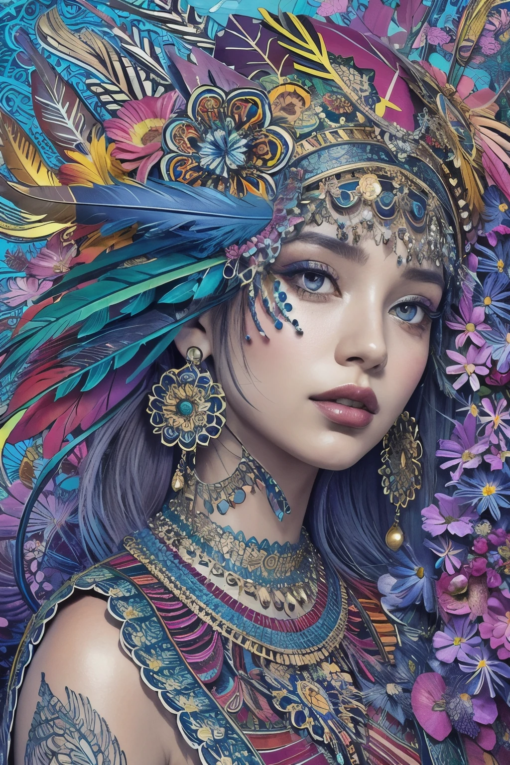(masterpiece, Top quality, best quality, Official Art, beautiful and aesthetic:1.2), (1 Girl:1.3), Very detailed,(Fractal Art:1.1),(rich and colorful:1.1)(Flowers:1.3),The most detailed,(Zentangle:1.2), whole body, (Blue Background:1.3), (shiny skin), (Many colors:1.4), ,(earrings), (feather:1.5),