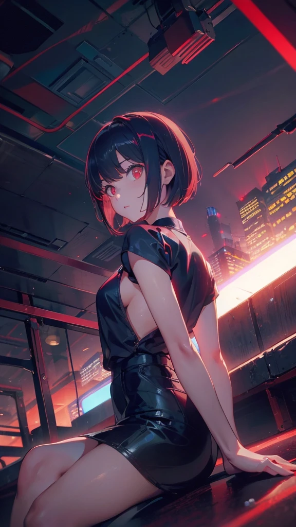 girl with short bob hair,Red eyes ,Sitting in heaven