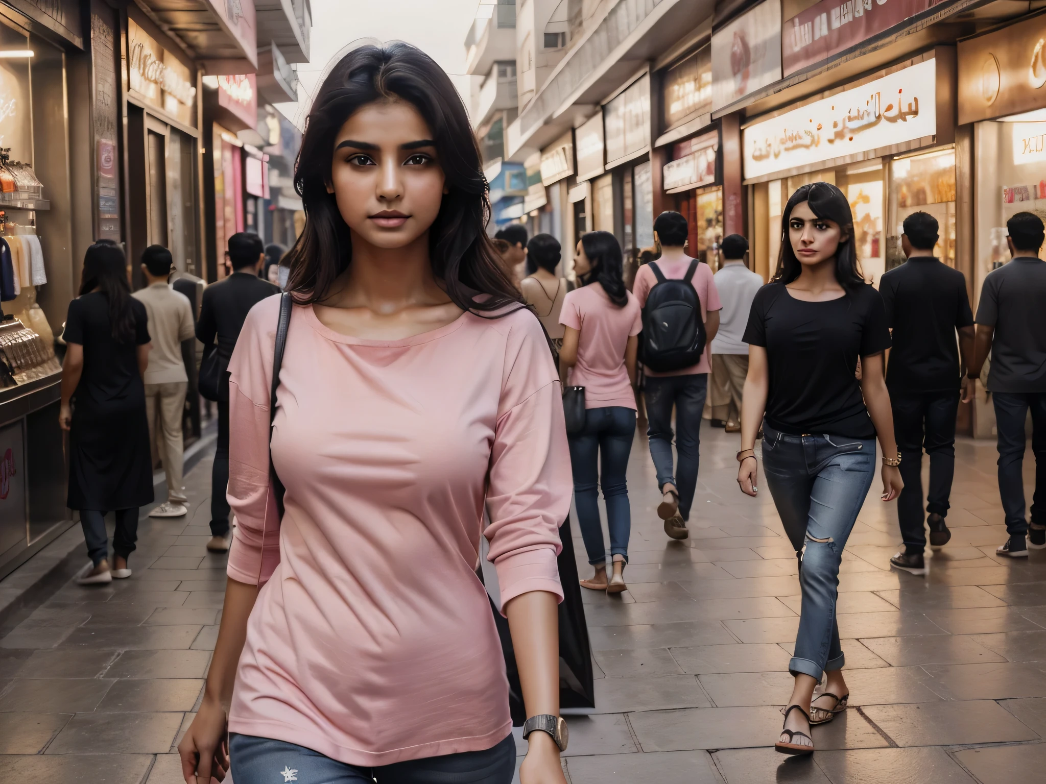 Photo of 19 year old Pakistani beautiful woman, ((wearing Pink round neck baggy tee-shirt)). Regular fit and short sleeves Teeshirt baggy style, no print on Teeshirt, RAW, beautiful woman, (black hair with extra long wavy), very detailed dark brown eyes, Dark grey skinny jeans, toned hips and legs, extra large size breast, wearing wrist watch with bracelet's ((portrait)), (Detailed face: 1.2)), (Detailed facial features)), (Fine skin), pale skin, normal lips colour, perfect face, beautiful face, high detail, slim body, (cold color), wet, moist, reflection, (masterpiece) ( Perfect proportions) (realistic photos) (highest quality) (detail) shot with Canon EOS R5, 50mm lens, f/2.8, HDR, (8k) (wallpaper) (movie lighting) (dramatic lighting) (sharp focus) (complex) fashion, full body shot, wearing wrist watch with bracelet's, she's walking on shopping street in Karachi, Pakistani people on background.