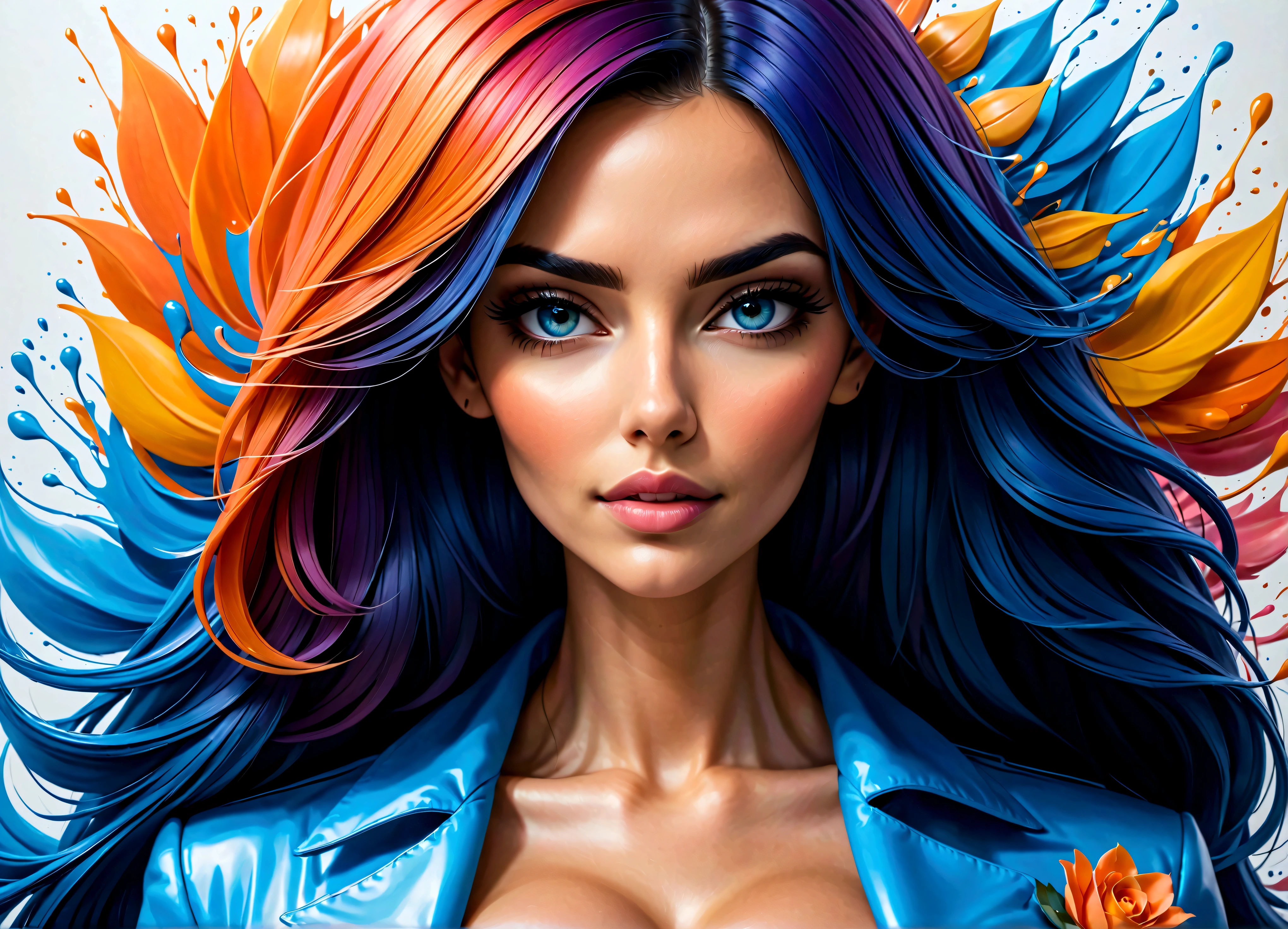 Uma linda mulher, highlighted in vibrant colors like a colored pencil drawing, tirando o cabelo do rosto. The woman is very well dressed in a mix of blue tones, rosa e laranja, com detalhes intrincados destacando suas vestes. All around her are splashes of color similar to watercolors., com flores e gotas de tintas..