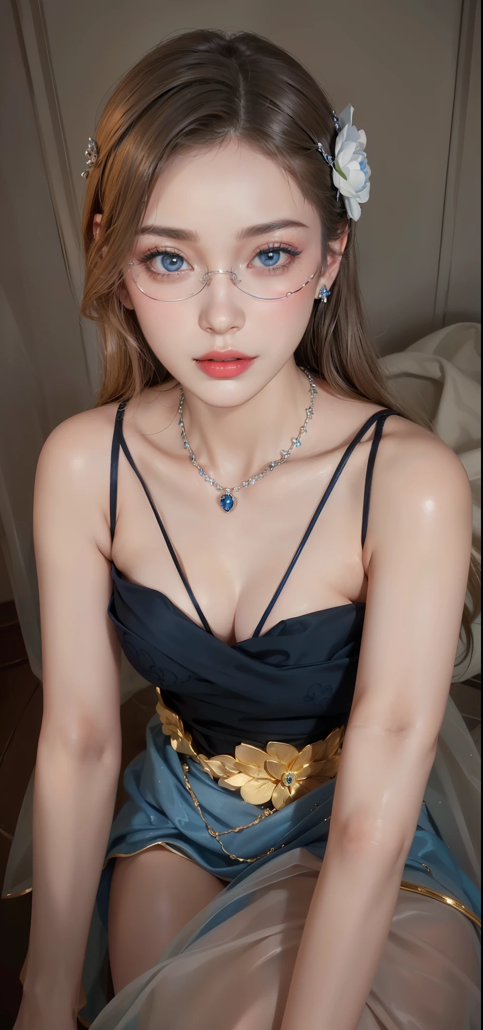 Super detailed, Delicate face, Realistic style, Stock Photography ,  rich and colorful, Surrealism, Realistic textures, Dramatic Lighting, Thin Film Distiller 800 (8K, original photo, Better quality, masterpiece: 1.2), Super detailed, (Extremely delicate skin: 1.2), 8K Ultra HD, SLR camera, Soft Light, high quality，Snow Queen,ice castle，Blue pupils，Apply red lipstick，Tattoo goddess，With tattoo pattern，Ultra-clear portrait，Wearing necklace jewelry，apply lipstick，Wear heavy makeup，The facial texture is very clear，Beautiful tattoos on the body，Deep blue eyes(Sapphire-like pupils)，A crown of luxury，Diamond necklace，Lace Print，Beautiful goddess，Gorgeous and exquisite jewelry，wear glasses