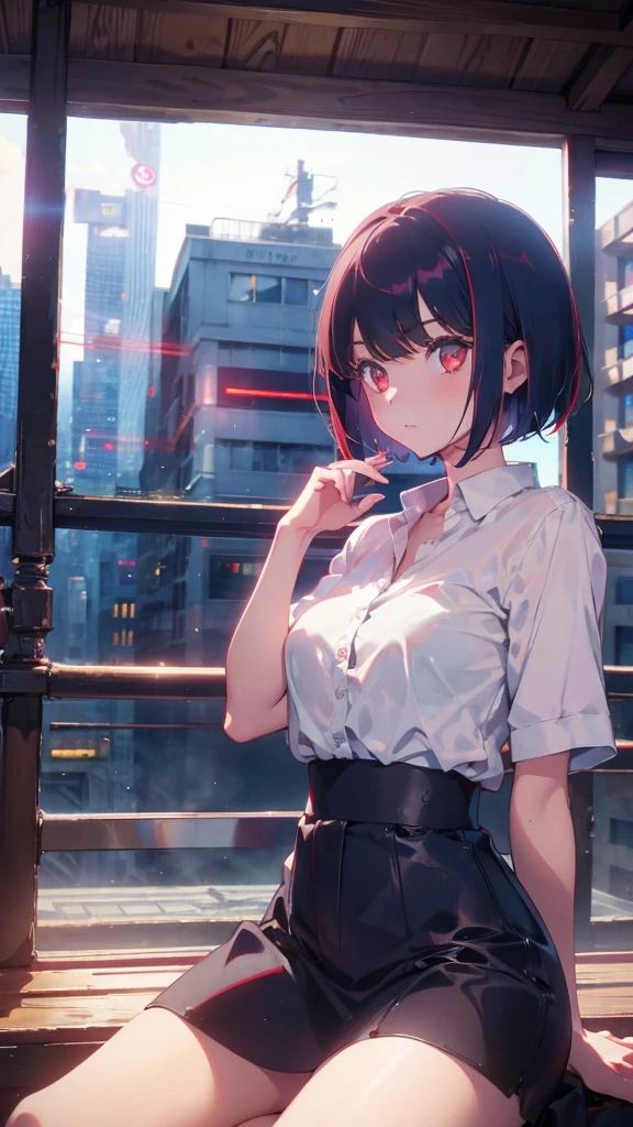 girl with short bob hair,Red eyes ,Sitting in heaven