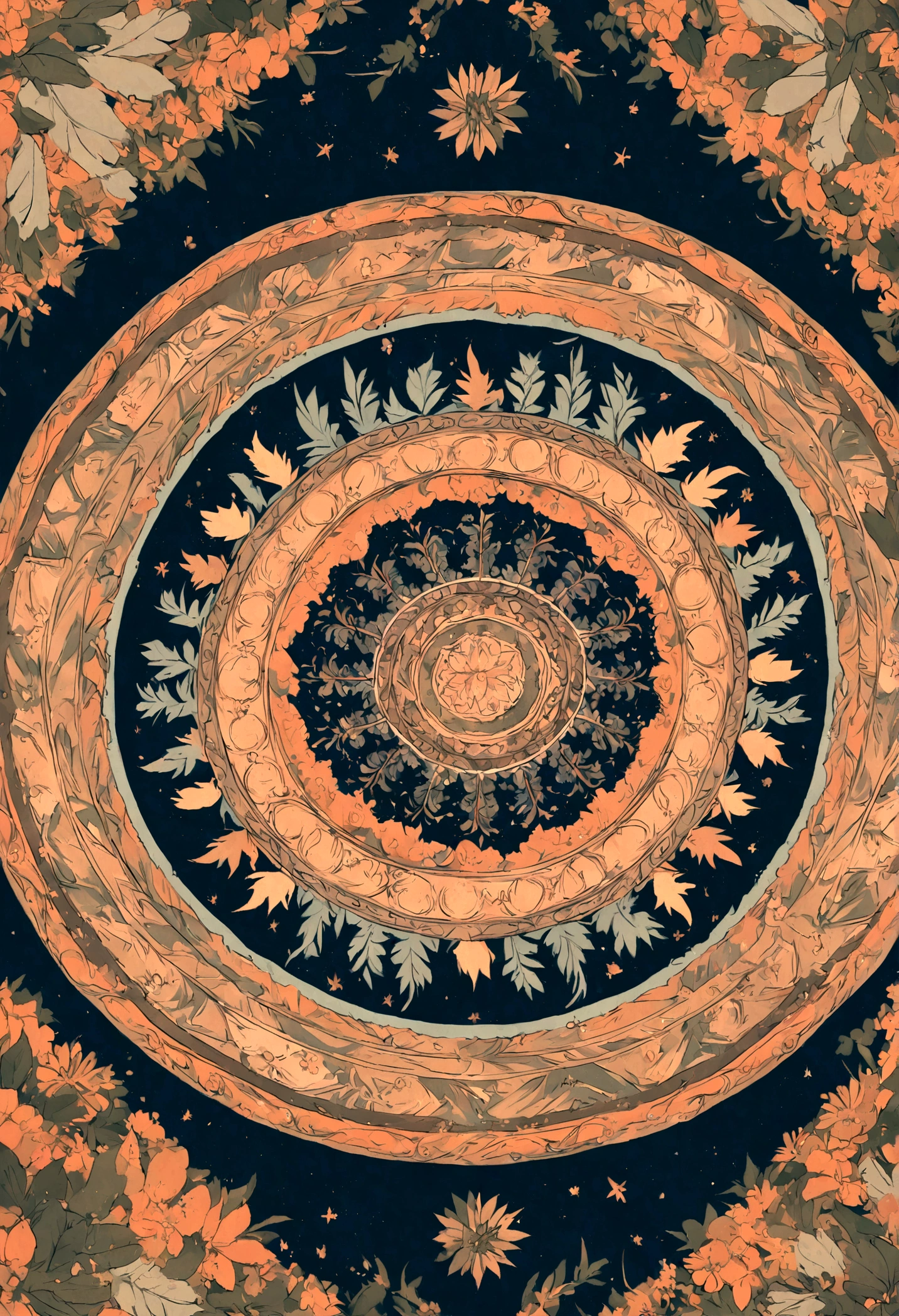 illustration and a beautiful mandala, ao centro. Forets cores azul, roxa e laranja. background preto, criando um forte contraste.