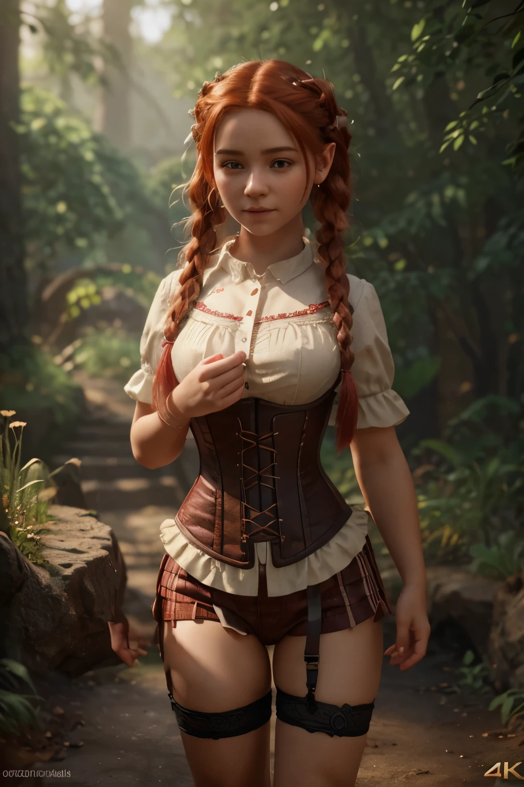 a small gnome girl with bright red hair in braids, wearing a corset and a white shirt, highly detailed, masterpiece, (best quality,4k,8k,highres,masterpiece:1.2),ultra-detailed,(realistic,photorealistic,photo-realistic:1.37),fantasy,intricate details,magical,whimsical,warm colors,soft lighting