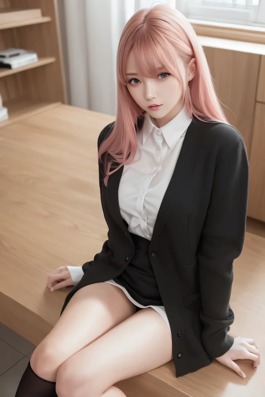 (RAW photo, best quality), (realistic, photo-realistic:1.3), masterpiece, an extremely delicate and beautiful, extremely detailed, CG, unity , 2k wallpaper, Amazing, finely detail, light smile, extremely detailed CG unity 8k wallpaper, huge filesize, ultra-detailed, highres, absurdres, soft light, (((medium hair:1.3), short bang, pink hair, floating hair novafrogstyle)), beautiful detailed girl, detailed fingers, extremely detailed eyes and face, beautiful detailed nose, beautiful detailed eyes, long eyelashes, light on face, looking at viewer, (closed mouth:1.2), 1girl, cute, young, mature face, (full body:1.3), ((small breasts)), realistic face, realistic body, beautiful detailed thigh, (ulzzang-6500-v1.1:0.8), business suit, cross-laced clothes, collared shirt, open clothes, in office, detailed office, open cardigan, black thighhighs, miniskirt, black underwear, unbuttoned shirt,
