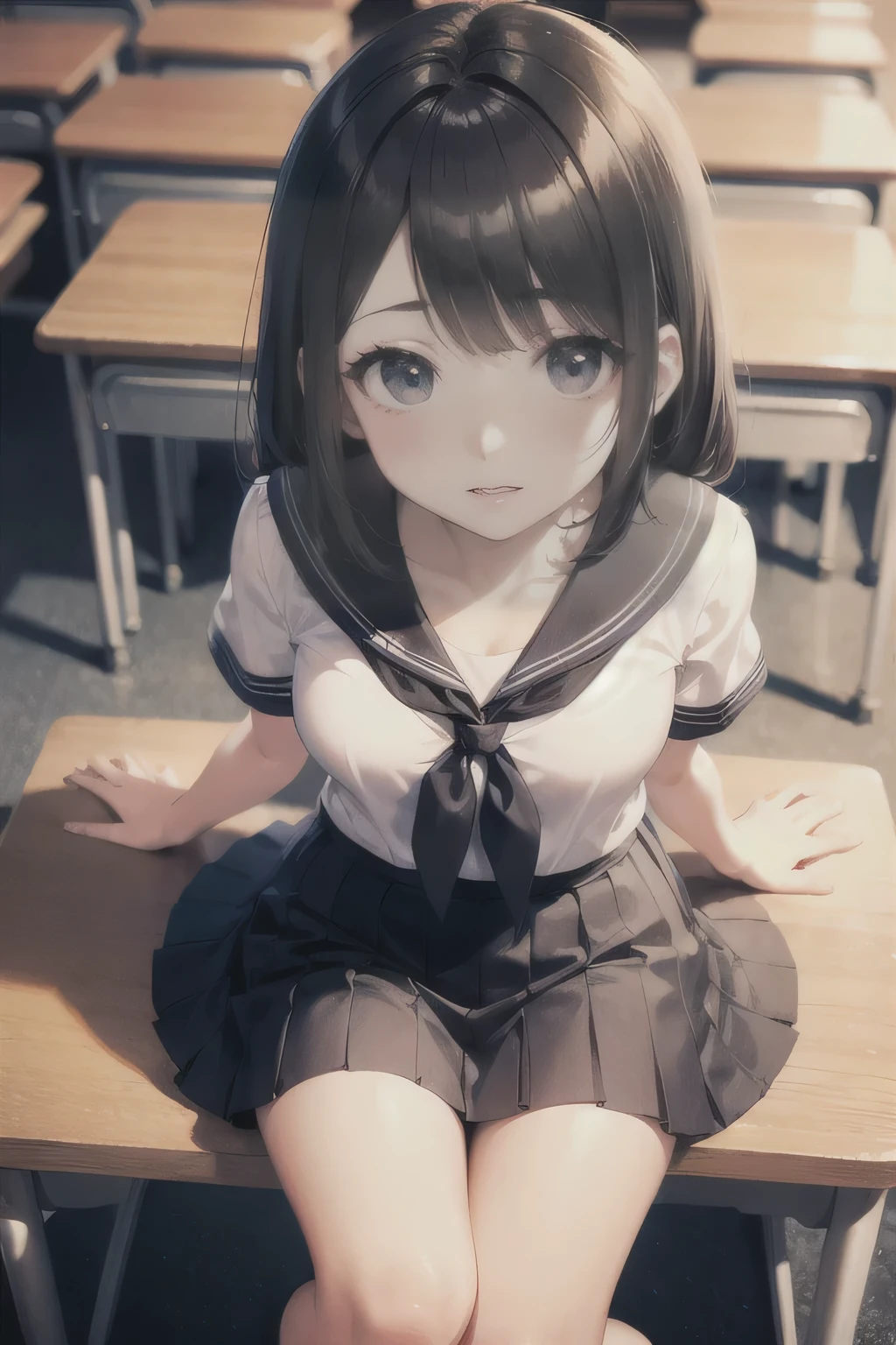 Naughty junior high school girls、Short-sleeved uniform、White blouse、See-through、Naughty lips、Collarbone in full view、Navy Skirt、White panties、Sexy thighs、Black socks、Black Haired Beautiful Girl、Inviting、Inviting with your mouth、Looking up、School、classroom