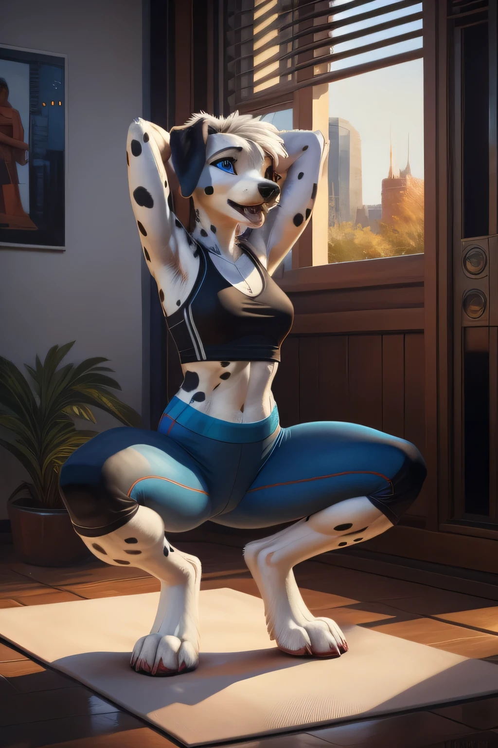 [D="female, dalmatian, anthro, slim, tight leggings, blue eyes, fluffy, yoga clothes, open mouth"]. D in yoga's exercises, warm colors, masterpiece, breathtaking, trending on, superb linework, by hioshiru, by pixelsketcher, 
