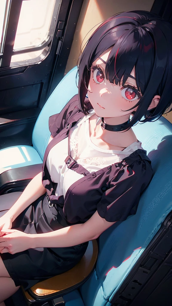 girl with short bob hair,Red eyes ,Being in Heaven,Sit down and look up