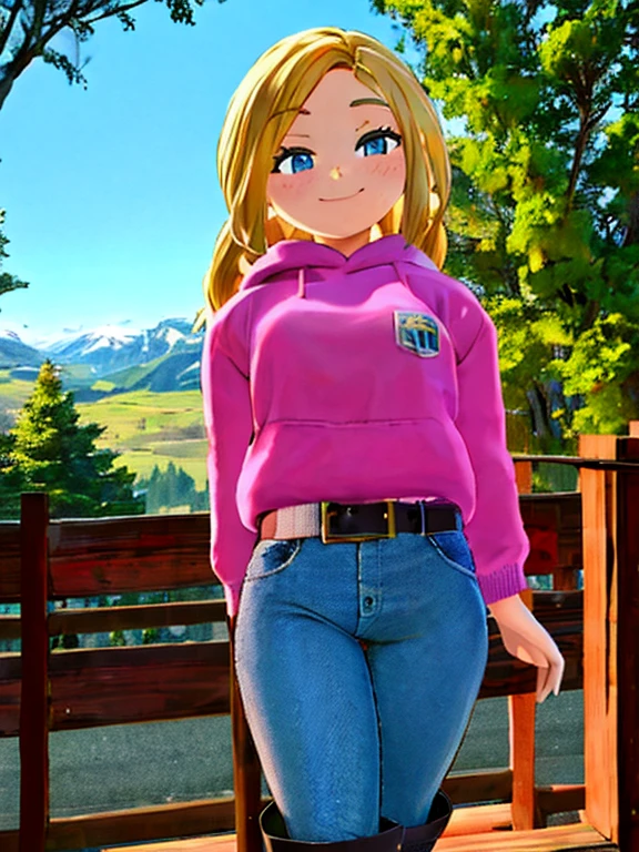 (best quality:1.3), (4K quality),masterpiece, best quality, high res, detailed, (Detailed face:1.2), (Detailed eyes:1.2), (Perfect figure:1.2), 1girl, solo, freckles, blue eyes, blonde hair, braid,  pink hoodie, long sleeves, Denim Shorts, With Buckle Belt, black pantyhose, hands in pocket, black footwear, smile, close up, portrait, large hip, perfect eyes, (Background: Outdoors, overlooking valley, redwood trees, view of the mountains)
