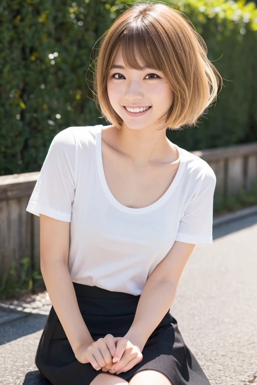 Japanese,beautiful girl,Natural Shape,Bob Hair,Blonde,Natural light,has freckles,Intricate details,Realistic,Toothy smile,Knee-length skirt,Black open-necked T-shirt,