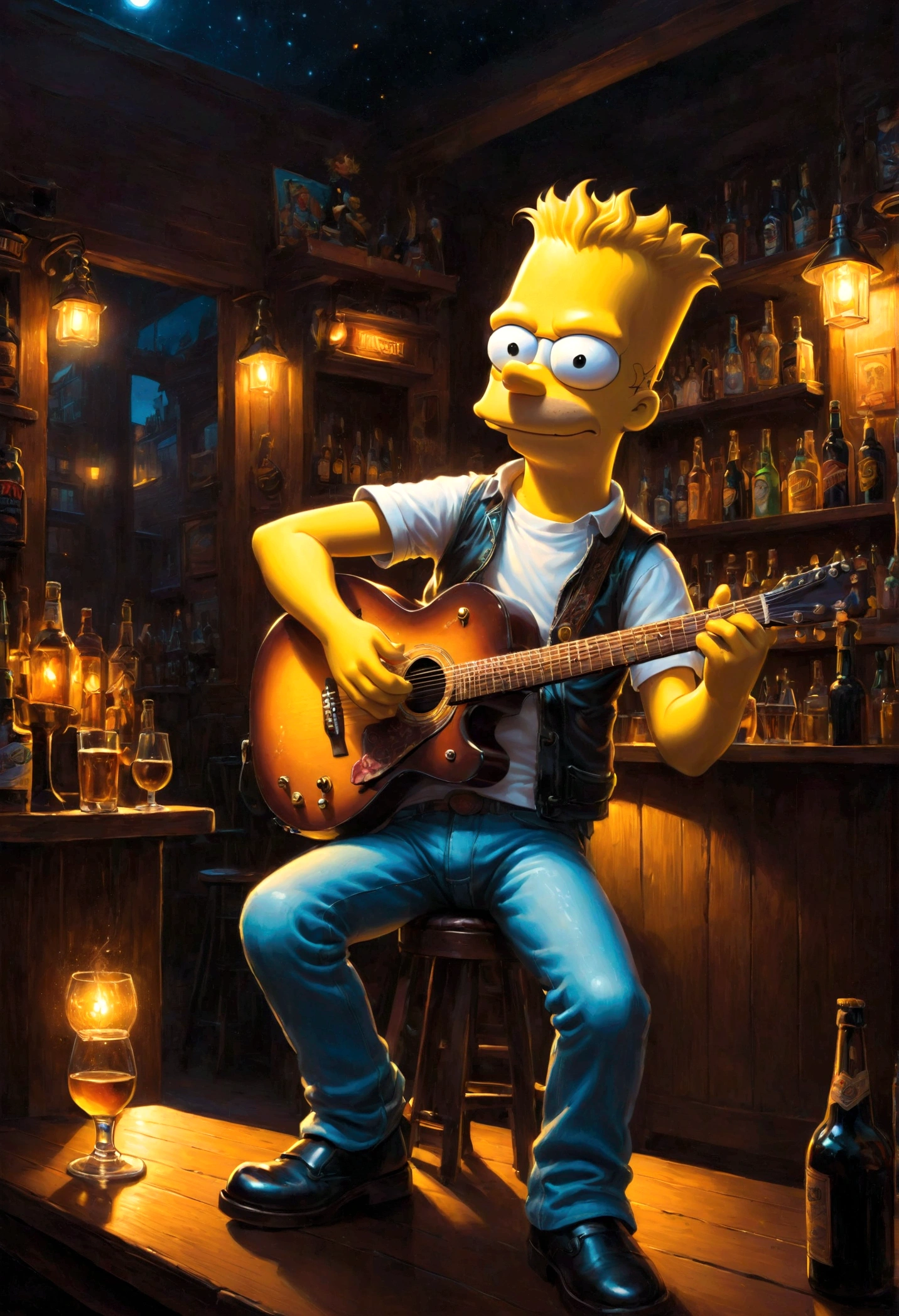 Guitarist, Bart Simpson, bar, pub, best quality, masterpiece, very aesthetic, perfect composition, intricate details, ultra-detailed