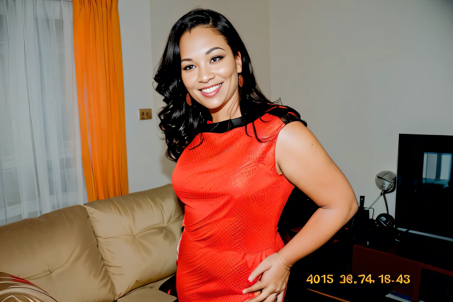 smiling woman in red dress standing in front of a couch in a living room, 40 years old women, (38 years old), she is about 40 years old, she is about 40 years old, she is about 40 years old, she is about 42 years old, about 42 years old