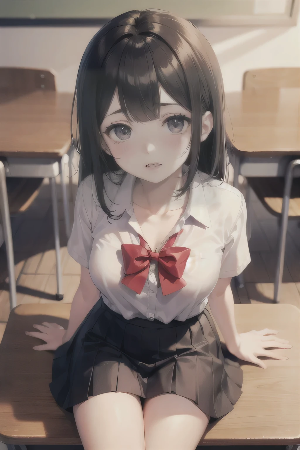 Naughty  girls、Short-sleeved uniform、White blouse、See-through、Naughty lips、Collarbone in full view、Navy Skirt、White panties、Sexy thighs、Black socks、Black Haired Beautiful Girl、Inviting、Holding it in my hand、Looking up、School、classroom