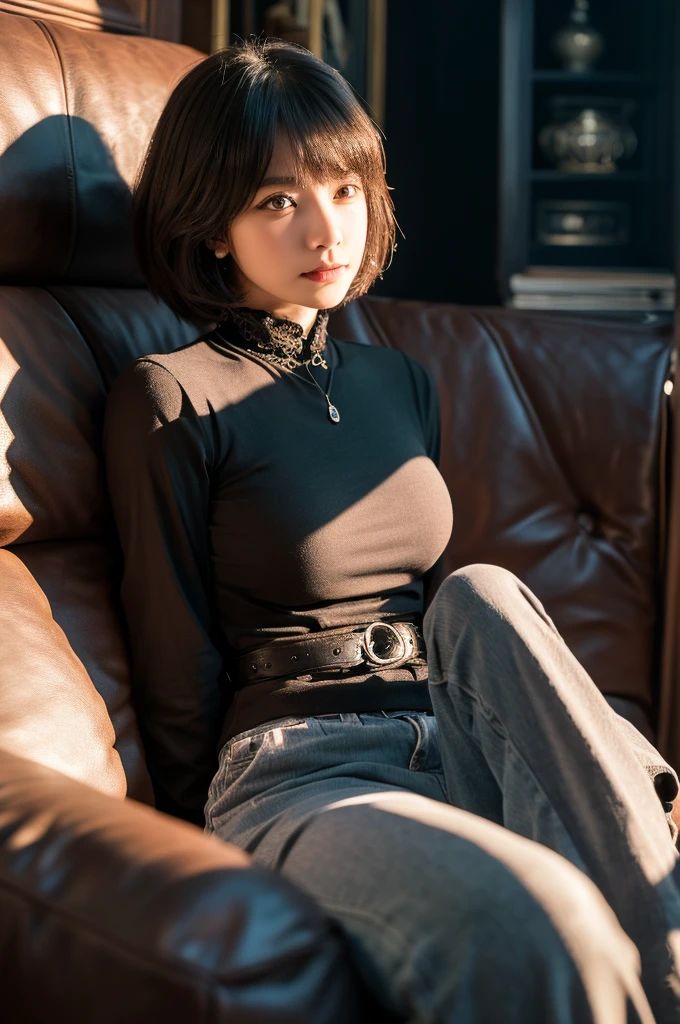 (high resolution、high quality、High resolution、detailed、8k、masterpiece）、超A high resolution、(Photorealistic:1.3)、RAW Photos、1 girl、A boyish girl with short hair and a bewitching charm、Black jacket、Bell-bottom pants、sitting deep on the sofa、(A dark, gothic room)、((Amazingly cute))、wild、sexy、Healthy Body、２２age、((Ultra-Realistic Details))、Portrait、Global Illumination、Shadow、Octane Rendering、8k、Super sharp、Beautiful breasts、Beautiful Eyes、非常に複雑なdetailed、Realistic Light、CGSoation Trend、ネオンのdetailed、The light is gentle、wide shot、full body、It feels like you&#39;re really there、Dignified、Black Japanese rope、Hidden Past