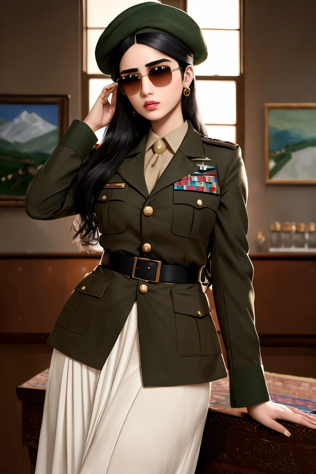 Afghan model girl, (28 years old), in the military room, skirt, beret, sunglasses, serious expression, (masterpiece, best quality, highly detailed, hyper realistic)