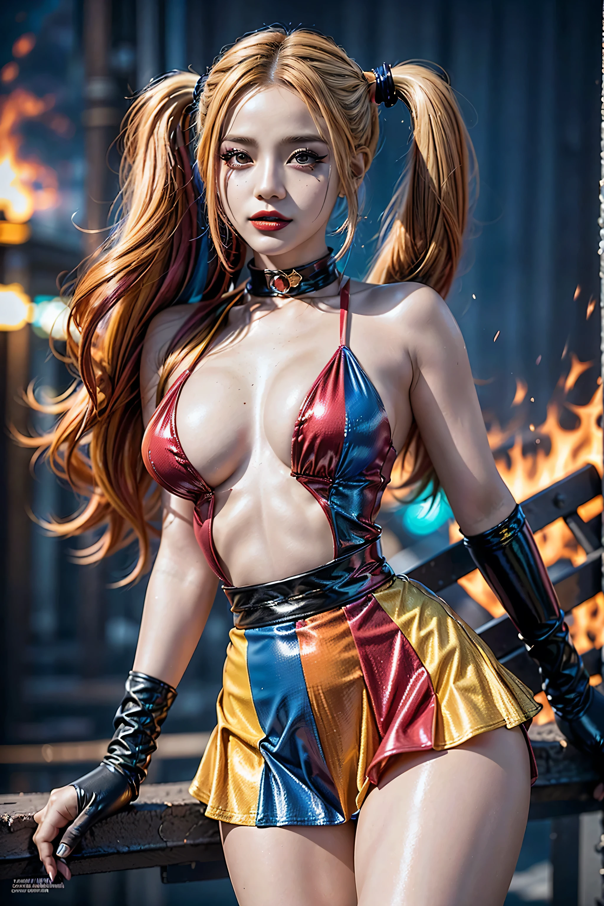 Photorealistic Realism 8K, 16K: A breathtakingly lifelike portrait of Harley Quinn, her vivid hair cascading down her back, contrasting the dark and gritty background of Gotham. Every detail of her outfit, every imperfections on her flawless skin, meticulously captured in ultra-high resolution, offering a crystal-clear sharpness that makes the image stand out. Harley Quinn, , Cabelo Grande, Fogo, Pessoas: A striking composition of Harley Quinn at 16 yearong hair ablaze, surrounded by a vivid display of flames and a group of intriguing characters,