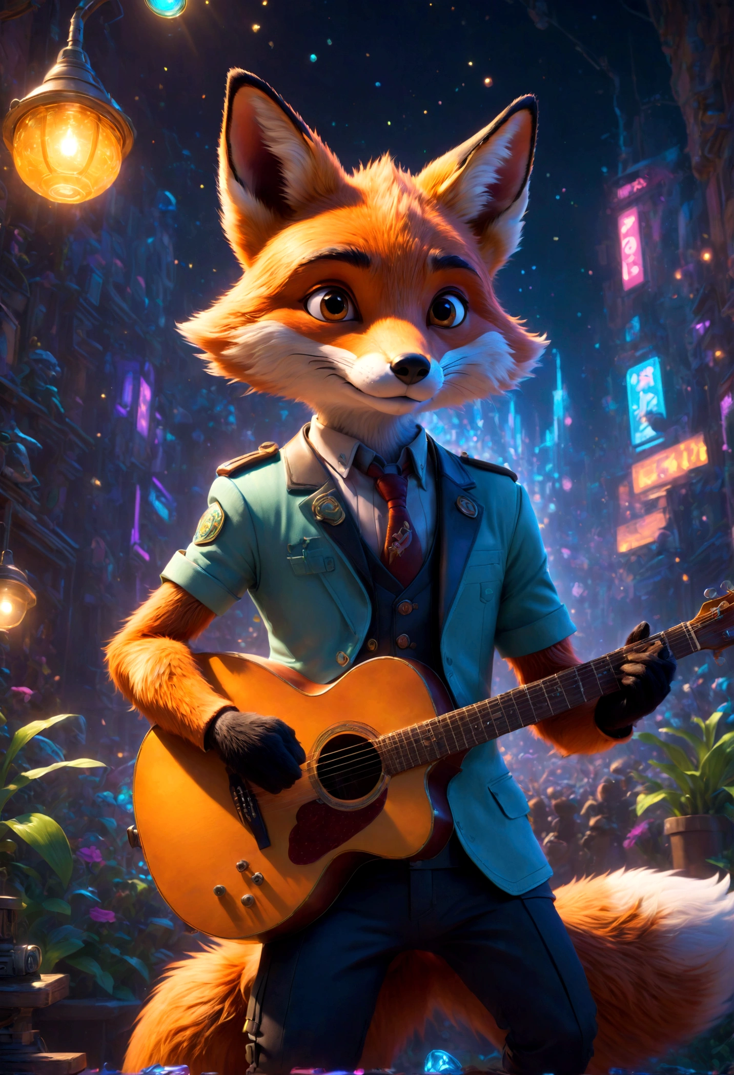 a fox Guitarist, "Zootopia", dramatic composition, cinematic dynamic action scene, vibrant colors, cinematic lighting, dramatic lighting, best quality, masterpiece, very aesthetic, perfect composition, intricate details, ultra-detailed