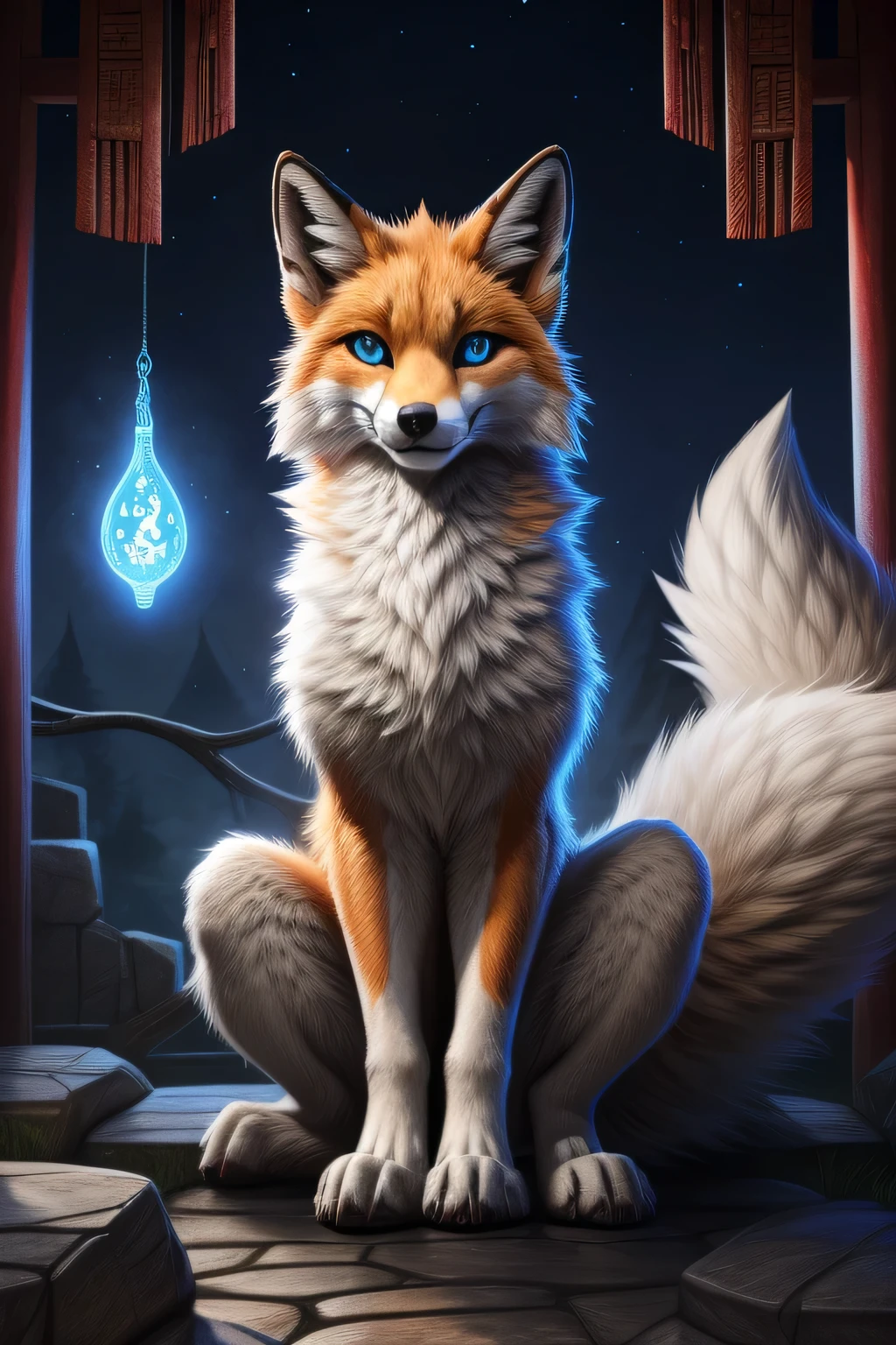 falvie
asian_mythology east_asian_mythology mythology
canid canine fox mammal will-o'-the-wisp
2017 digital_media_(artwork)
ambiguous_gender blue_eyes detailed_background feral fox_spirit fur kitsunebi multi_tail paws shrine sitting smile solo tail white_body white_fur