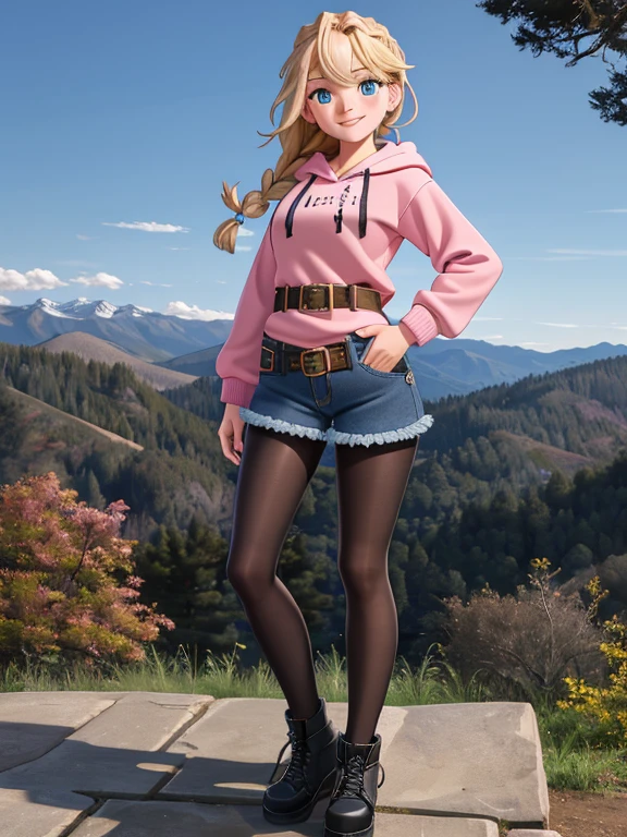 (best quality:1.3), (4K quality),masterpiece, best quality, high res, detailed, (Detailed face:1.2), (Detailed eyes:1.2), (Perfect figure:1.2), 1girl, solo, freckles, blue eyes, blonde hair, braid, ((Wearing: pink hoodie, Denim Shorts, With Buckle Belt, black pantyhose, hands in pocket, black footwear)), smile, close up, portrait, large hip, perfect eyes, (Background: Outdoors, overlooking valley, redwood trees, view of the mountains)
