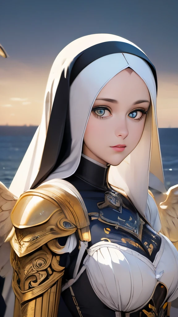 ((raw photo)), ((masterpiece)), anthropomorphic humanoid AngelGirl wearing nun's armor, intricate detail, futobot, intricate Greebles pieces, sea behind, yellow wings, beautiful, detailed eyes and lips