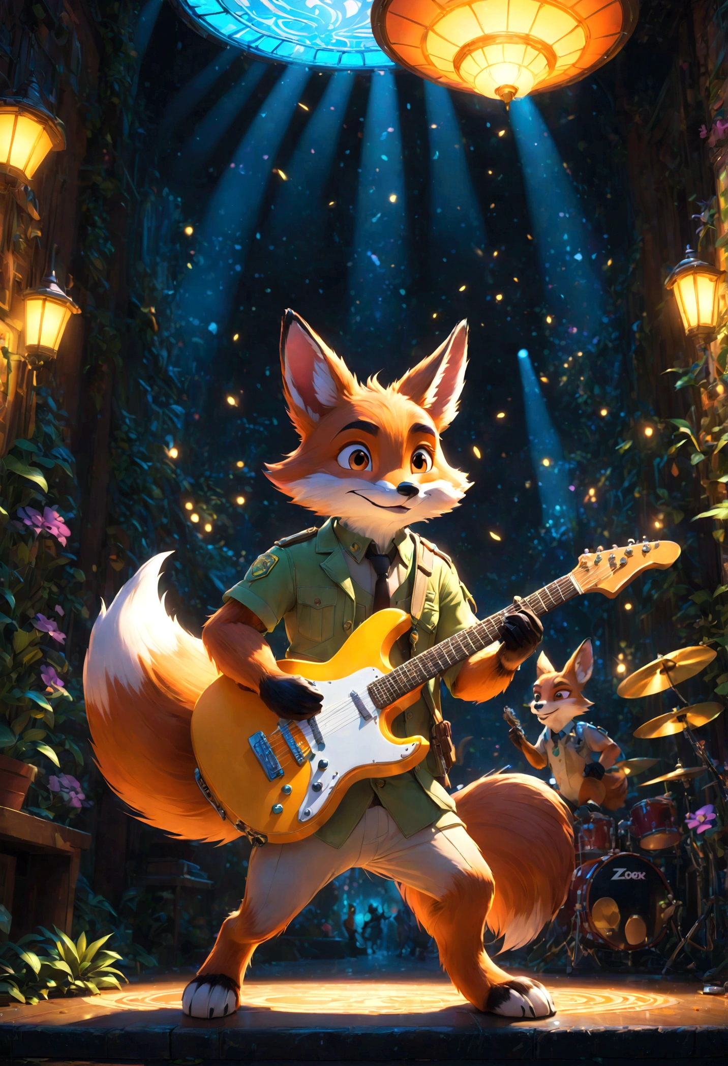a fox Guitarist, "Zootopia", dramatic composition, cinematic dynamic action scene, vibrant colors, cinematic lighting, dramatic lighting, best quality, masterpiece, very aesthetic, perfect composition, intricate details, ultra-detailed