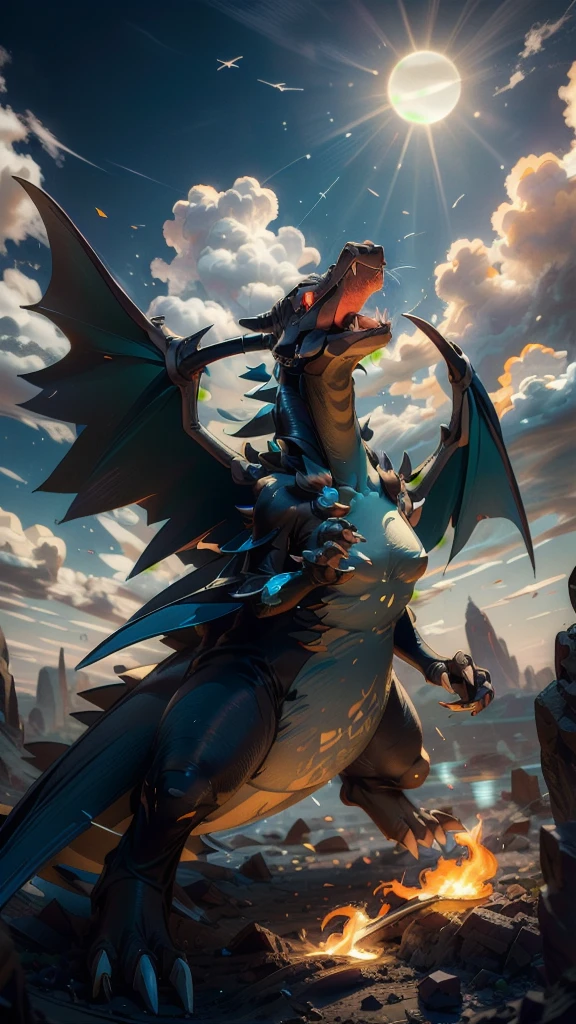 ((masterpiece,best quality)), absurdres, Charizard, no humans, 10s, claws, cloud, creatures (company), black skin, blue fire, flame-tipped tail, game freak, gen 1 pokemon, mega charizard x, mega pokemon, nintendo, pokemon (creature), pokemon xy, red eyes, sky, solo, sun,