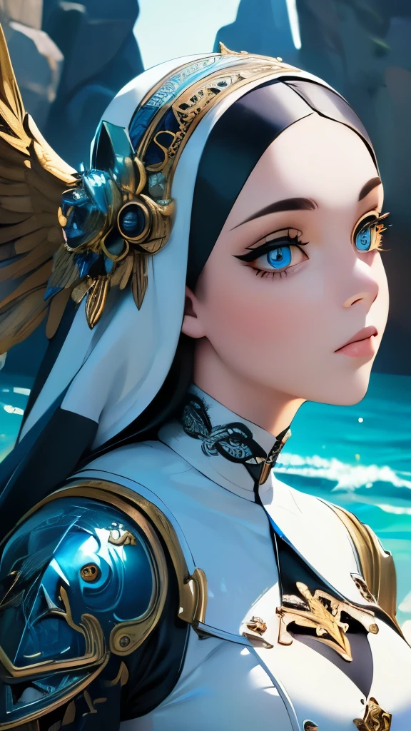 ((raw photo)), ((masterpiece)), anthropomorphic humanoid AngelGirl wearing nun's armor, intricate detail, futobot, intricate Greebles pieces, sea behind, yellow wings, beautiful, detailed eyes and lips
