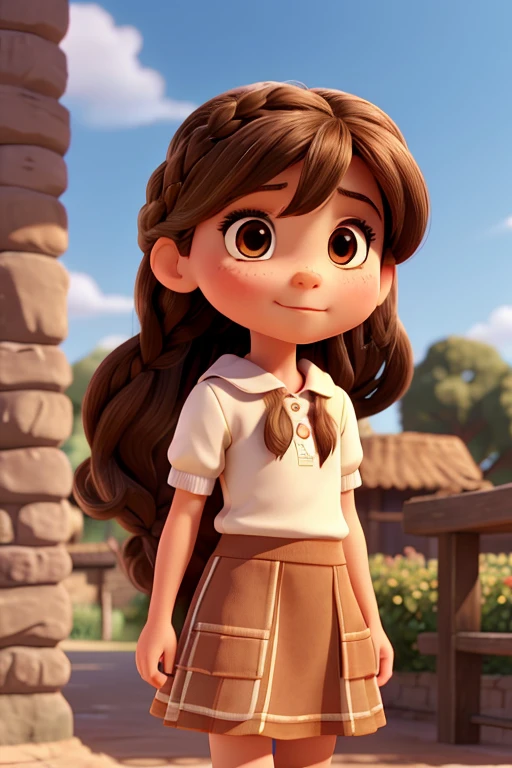 Tender 4--old l dressed in a skirt, pelo largo liso, estilo Disney Pixar clara, small nose, Brown eyes, Very long and straight brown hair in a braid, mirando hacia el frente de la imagen