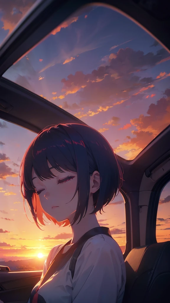 girl with short bob hair,Red eyes ,A shining sunset,sunset,Sleeping in the car ,Both eyes closed