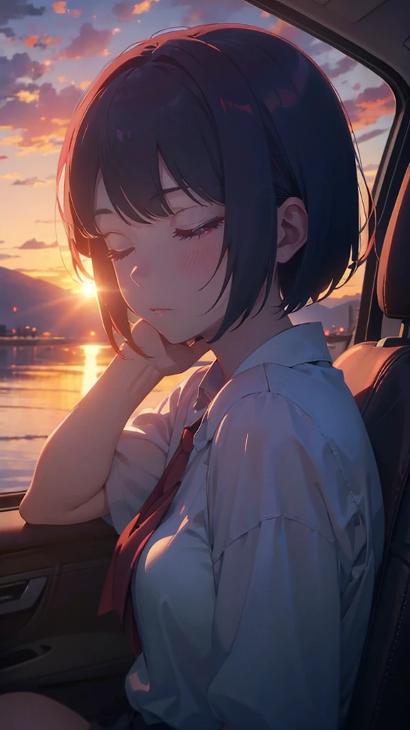 girl with short bob hair,Red eyes ,A shining sunset,sunset,Sleeping in the car ,Both eyes closed