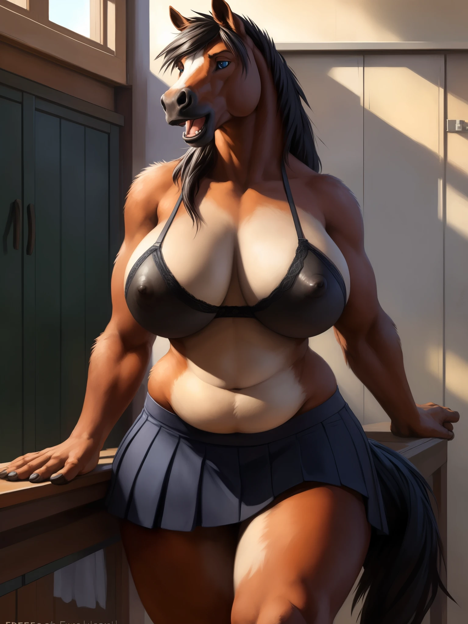 solo, alone, school area, ultra detailed), a beautiful and detailed full size portrait of a female anthro horse, stallion, big body, adult, mature, ((18 yearls old)), fur, black body, black skin, non-mammal breasts, looking at viewer, blue eyes, voluptuous, bedroom_eyes, detailed background, looking at viewer, detailed eyes, sexy body, tan_countershading, tan body, goddess, kenket, Ross Tran,ruan jia, trending on artstation,foxovh, cenematic lighting, (((front view))), big , big , big , big butt, big butt, big butt, big butt, blue navy bra, black skirt, white leg wears, black nipples, (((free arms)), open mouth, sad, tail, pose,