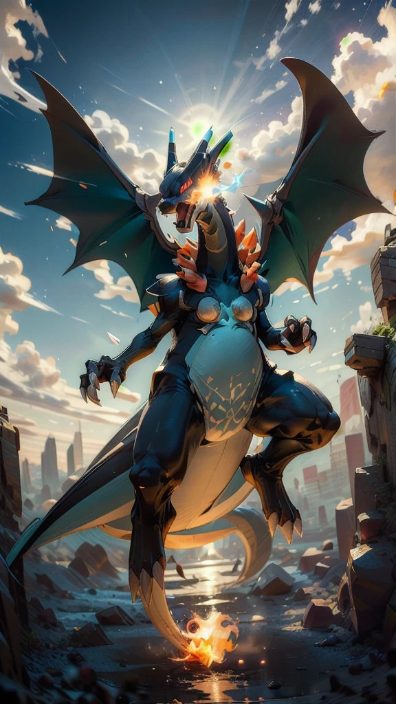 ((masterpiece,best quality)), absurdres, Charizard, no humans, 10s, claws, cloud, creatures (company), black skin, blue fire, flame-tipped tail, game freak, gen 1 pokemon, mega charizard x, mega pokemon, nintendo, pokemon (creature), pokemon xy, red eyes, sky, solo, sun,