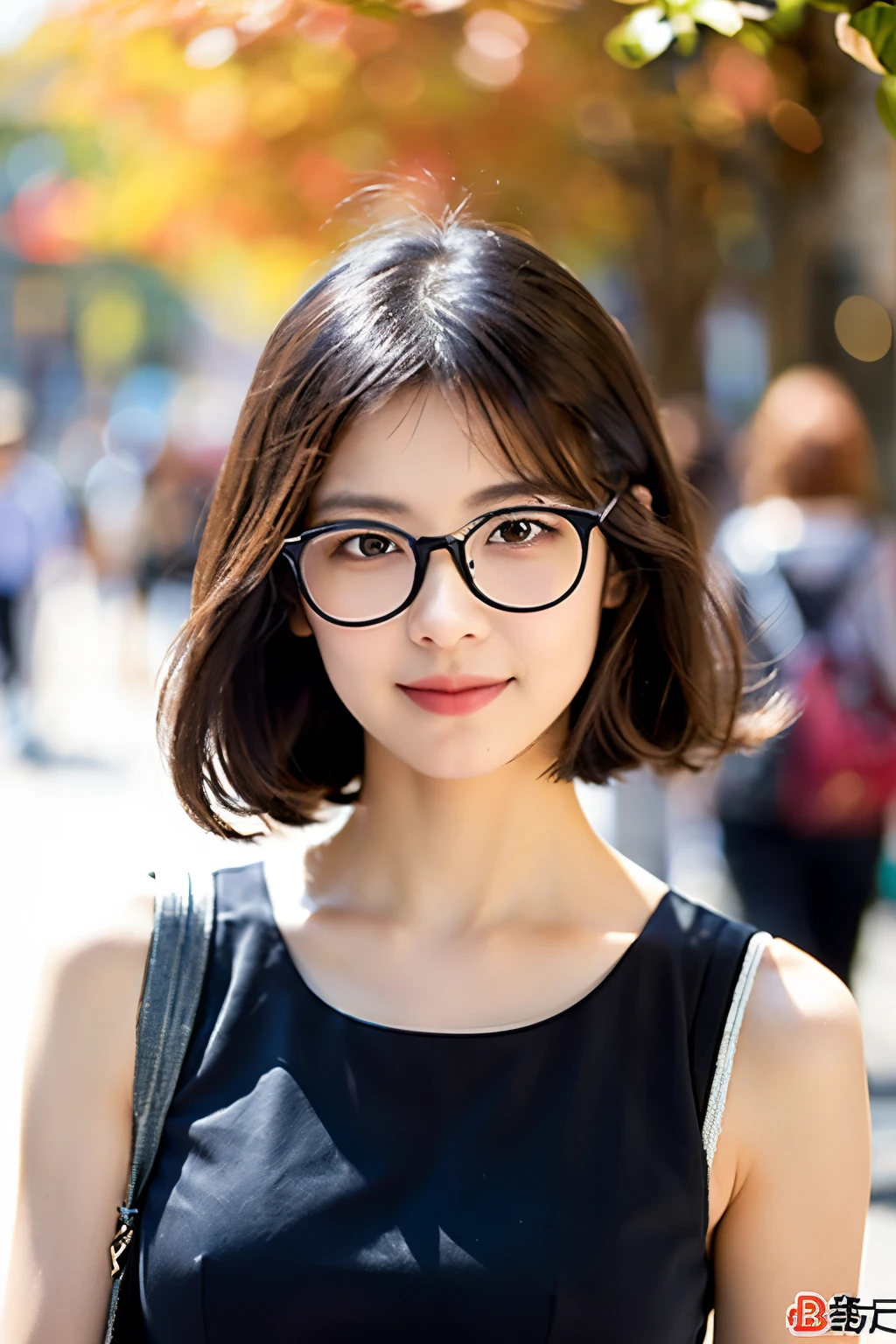 (8K、Raw photography、top-quality、masterpiece:1.2)、(realisitic、Photorealsitic:1.37)、ultra-detailliert、超A high resolution、1 girl、see the beholder、beautifull detailed face、A smile with a little visible teeth、Constriction、(Slim waist) :1.3)、((Cute clothes))、pastel clothing、Beautiful detailed skin、Skin Texture、Floating hair、((fluffy hairstyle))、large breasts with good shape、Professional Lighting、Autumn noon、Shopping street in front of the station、((Black-rimmed square glasses))、Whole human body、Black hair、((Shameful appearance))、Pay attention to your audience、
