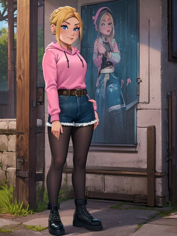 (masterpiece, best quality, high resolution:1.2), 1girl, solo, freckles, blue eyes, blonde hair, braid, large hip,  ((Wearing: pink hoodie, Denim Shorts, With Buckle Belt, black pantyhose, hands in pocket, black footwear)), smile, close up, portrait, perfect eyes, forest, outdoor