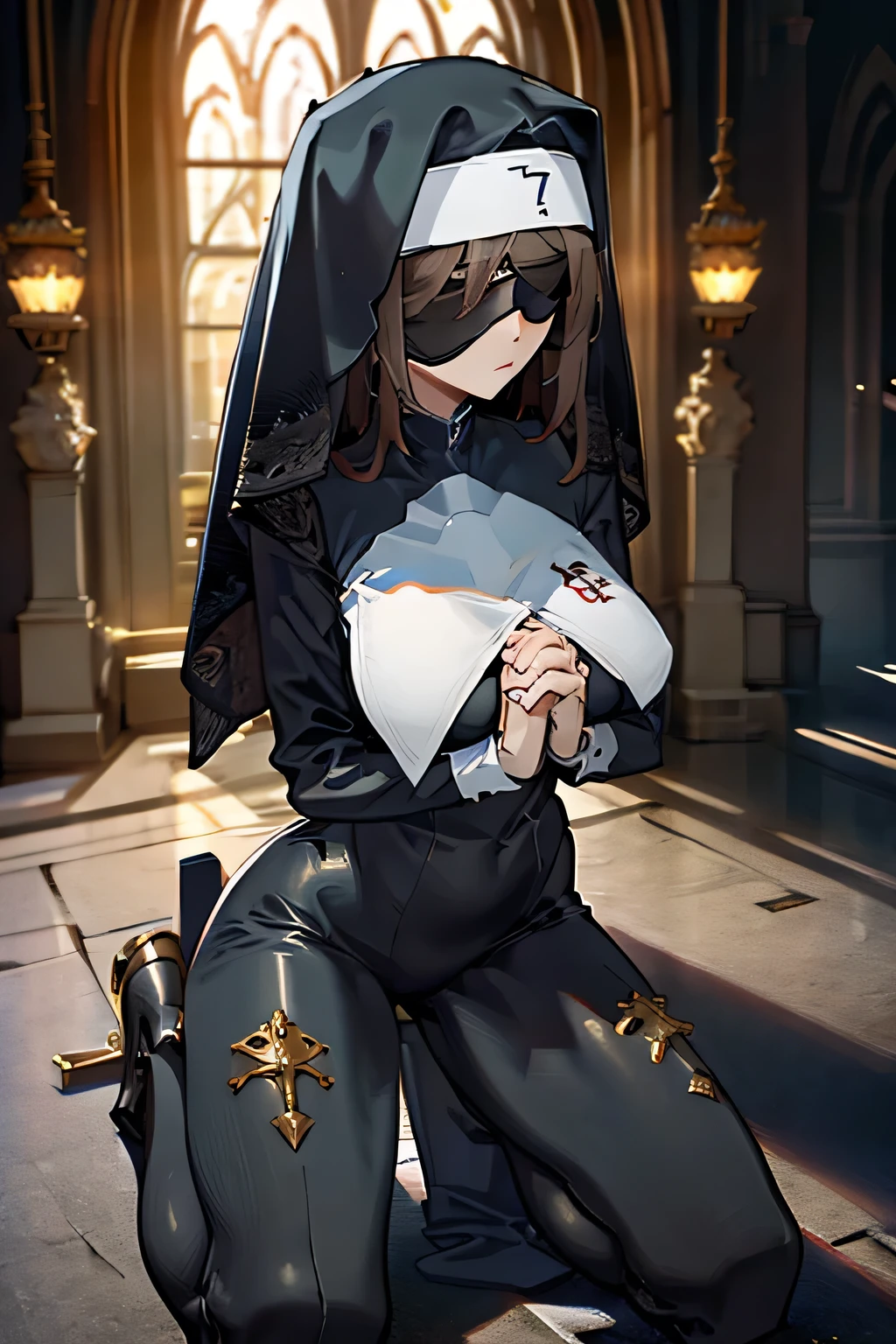 (highres,masterpiece:1.2), ultra-detailed, female nun, tight clothes, big breast, kneeling, praying hand, blindfold, in the church,