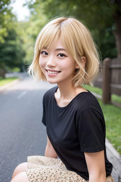 Japanese,beautiful girl,Natural Shape,Bob hair with only the ends permed,blonde,Natural light,has freckles,Intricate details,Realistic,Smiling with teeth showing,Knee-length skirt,Black open neck T-shirt,