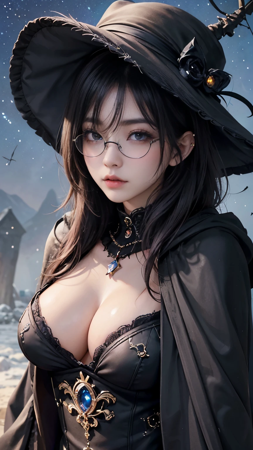 (Fatal Beauty,A charming villain,witch) ,(A supple and powerful physique),(Sensual charm),(Mysterious charm:1.1),(Captivating silhouette),((((Glasses))))、((((big sapphire necklace))))、(highest quality,High resolution:1.2),(dark,Threatening:1.1),((dark horror theme:1.5),(Thriller:1.5)),(Dark fantasy:1.5),  (((Countless stars fly away:1.5),(Absurd:1.5),(wonderful:1.5))),Woman in a dress, (Powerful numbers:1.1),(((Big Breasts))),(((Muscular:1.1))), cute face,  Face, , Very detailedなbeautiful女の子, (Ideal body type:1.8), Very detailed faceexpressive lips, (とてもbeautiful、Crisp big eyes:1.5), Fine skin., All features are shown in detail., The outline of the fingers is beautifully drawn....., The nose is precisely shaped., expressive lips, Perfect Anatomy,cute、Realistic、(Front view:1.4),(Face Focus:1.3), realistic girl rendering, 8k artistic german bokeh, Enchanting girl, Real Girls, Gurwitz, Gurwitz-style artwork, Girl Roleplay, Realistic 3D style, cgstation Popular Topics, 8K Portrait Rendering,(truth，truth：1.4), Body,( Very lean body:1.6), pose, blush, Attractive body, Very curly hair, Purple Curly Hair, very big hair, Very curly hair, prime color,Urban,Very detailed,masterpiece,Intricate details,Faded,Very detailed, Eye on the details,Intricate details,暗くてSpooky atmosphere,  spiritual being, Unforgettably beautiful, Ghostly figures, Shadow-like shape, Spooky whispers, Ominous Aura, Goth Maiden,  Like dazzling fur in a starless haze,Her Mogul Snaps, Mysterious Cemetery,Black hair swaying in the moonlight, She summons darkness, (beautiful: 1.7), (Black Hat: 1.6), (An intricately decorated jet-black cloak: 1.6), (Delicately decorated cloak, Despite the damage: 1.5), Hypermaximalist,  Breathtaking oil paintings, Surreal, Ultra-realistic digital illustrations that mimic the style of oil paintings, wonderful構成,  (Shining Eyes:1.6)、(Glowing Eyes:1.1),(hellish landscape:1.1),(fire,sulfur:1.1),(Threatening atmosphere:1.1),(dark shadows,Threatening presence:1.1),(Unlucky Clouds,Stormy Skies:1.1),(dark,Spooky atmosphere:1.1),(Aura of misfortune,Evil energy:1.1),(dark aura,cigarette:1.1),(Extreme heat,Burning Flames:1.1),(Nightmare Visions:1.1),(Predicting the end:1.1),(Whispers of misfortune,Devilish Laugh:1.1),(Cries of pain,echoing screams:1.1),(Bad luck symbol,Ancient runes:1.1),(Mysterious Relic,dark art ifacts:1.1),(Infernal Ritual,Ritual sacrifice:1.1),(Eternal Ruin,A hopeless existence:1.1),  Inspired by abandoned mech backgrounds. Art created by Craig Mullins, Necrostyle., Detailed Description, Futuristic sci-fi scene. Focus on SFCon