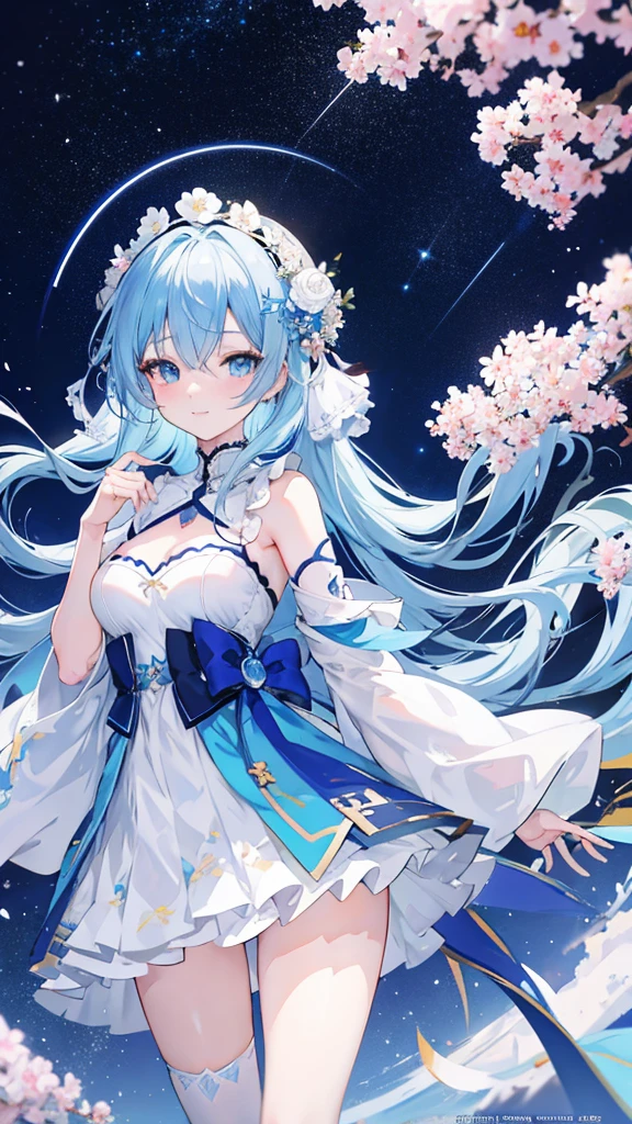 Anime Girl,light blue hair,blue eyes,White裙子,White,Flower headdress,Standing in the flower field,Smile,Starry sky background,Popular topics on artstation pixiv, Digital Art on pixiv, anime art wallpaper 8 k, guweiz on pixiv artstation, Anime Art Wallpaper 4K, Anime Art Wallpaper 4K, Top rated on Pixiv, Beautiful anime artwork, Pixiv competition winner,(Multi-angle)