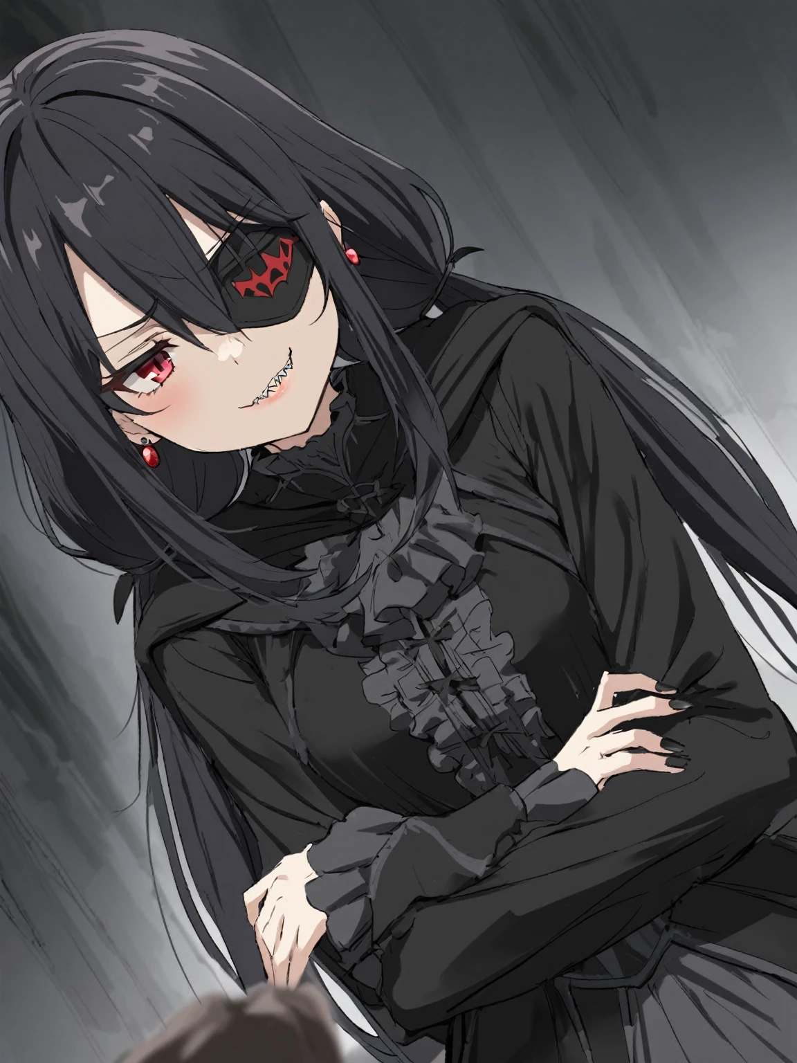 {{upper body, dutch angle}} {{Artist: sincos}} 1girl, black hair, gothic ta, long hair, hair between eyes, red eyes, sidelocks, (long low twintails:1.3), smug, sharp teeth, black frilled jacket, black skirt, frills, earrings, black combat boots, young female, medium breasts, pose, skinny, chuunibyou, black eyepatch, black fingernails, long sleeves, crossed arms, tall woman, black cape, lips, pov, medieval fantasy.