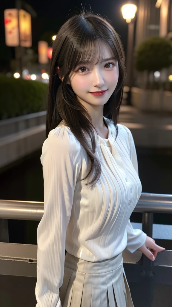 1 Japanese girl,(Hires.fix:1.4),(Light-colored long-sleeved blouse:1.3),(Pleated skirt:1.3), (RAW Photos, highest quality、8K), (Realistic:1.4, Photorealistic:1.4), Random camera positions:1.2、(smile:1.1), Very delicate and beautiful, Very detailed, 8k wallpaper, wonderful, In detail, Very detailedなCG Unity, High resolution, Soft Light, Beautifully detailed 19 year old girl, Perfect Anatomy:1.4、Perfect skeleton, Handcrafted with attention to detail,Detailed fingering、Very detailedな目と顔, Beautifully detailed nose, Beautiful fine details、Cinema Lighting,City lights at night,(Slender body,Large Breasts)、 (Black Hair、Random hairstyle)